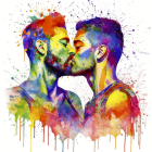 Vibrant men with colorful paint on skin and beards touching foreheads.