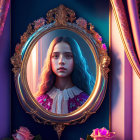 Portrait of young girl with blue hair in ornate golden mirror, pink drapes and roses