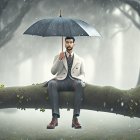 Man in Suit Sitting on Tree Trunk with Blue Umbrella in Rainy Forest