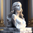 Realistic digital rendering of classical woman bust sculpture with flowing hair and grand pillars.