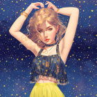 Illustration of young woman with curly hair in starry night setting wearing blue star-patterned top and