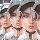 Row of Female Humanoid Robots in Futuristic Headgear