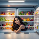 Woman peeking out from brightly lit fridge with fruits and vegetables