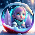 Whimsical digital artwork: Child in magical snow globe