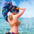 Multicolored hair woman with sun-shaped back jewelry by the sea