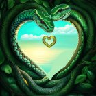 Snakes creating heart shape in sunset setting with lush greenery