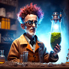 Scientist with wild hair holding glowing lightning flask in cluttered lab