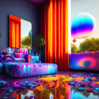 Colorful Futuristic Room with Glossy Floor and Neon Lights