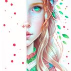 Colorful illustration: Woman with green eyes, floral headpiece, wavy hair with leaves, pink