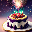 Colorful Birthday Cake with Berries and Sparklers on Firework Background