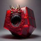 Fantasy illustration of red gem-like cube with fierce monster head.
