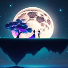 Silhouetted figures on floating island under moonlit sky