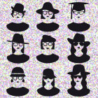 Nine illustrated female characters with diverse hairstyles, hats, and accessories on a patterned background