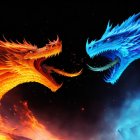 Majestic orange and blue dragons in fiery confrontation