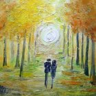 Two individuals walking towards a glowing portal in a vibrant forest with lush greenery and autumn trees.