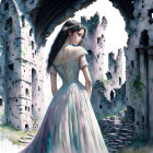 Woman in flowing pastel dress among ruins with sunlight and greenery.