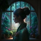 Pensive woman with bun hairstyle gazes out window at dusk among lush flora