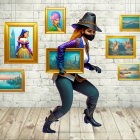 Masked person with hat sneaking by wall of framed artworks