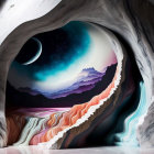 Abstract marble cave opening with cosmic landscape: crescent moon, stars, colorful nebulae, sil