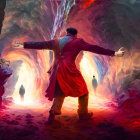 Person in Red Coat with Outstretched Arms in Vibrant Red-Lit Cave