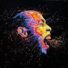 Intense man screaming with colorful paint explosion on dark background