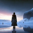 Person in Fur-Collared Coat Standing on Icy Surface at Twilight