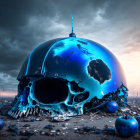 Futuristic blue helmet melting on desolate landscape with scattered spheres