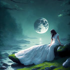 Woman in white dress by tranquil stream under full moon