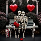 Skeletons on Park Bench with Heart Balloons in Romantic Scene