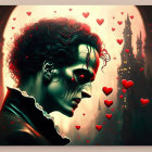 Gothic-style digital art: Skull-faced figure in dark attire with red hearts and forest backdrop