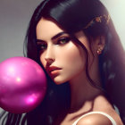 Digital Artwork: Dark-Haired Woman Blowing Pink Bubble with Starry Texture