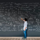 Young child with backpack in front of complex math equations and diagrams