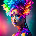 Colorful digital artwork of woman with leaf hair and glitter skin on neon background