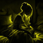 Luminous woman seated on bed in dark room