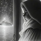 Girl in hooded cloak gazes at starry night sky with sailboat on serene waters