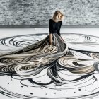 Woman in black top and elaborate skirt blending into intricate floor design