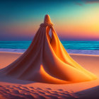 Person in Orange Gown on Sandy Beach at Sunset