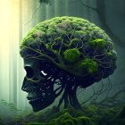Surreal human skull with tree brain in mossy forest landscape