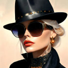 Fashionable Woman Illustration with Red Lips, Black Hat, Sunglasses & Gold Jewelry