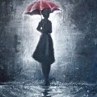 Person standing on rainy street with red umbrella and water droplets.