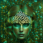 Geometric pattern digital art portrait of a woman with glowing blue eyes and gold accents on matrix background