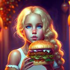 Digital artwork of young girl with blue eyes and blonde hair holding burger on warm bokeh background