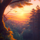 Person on Tree Branch Overlooking Serene Forest at Sunset