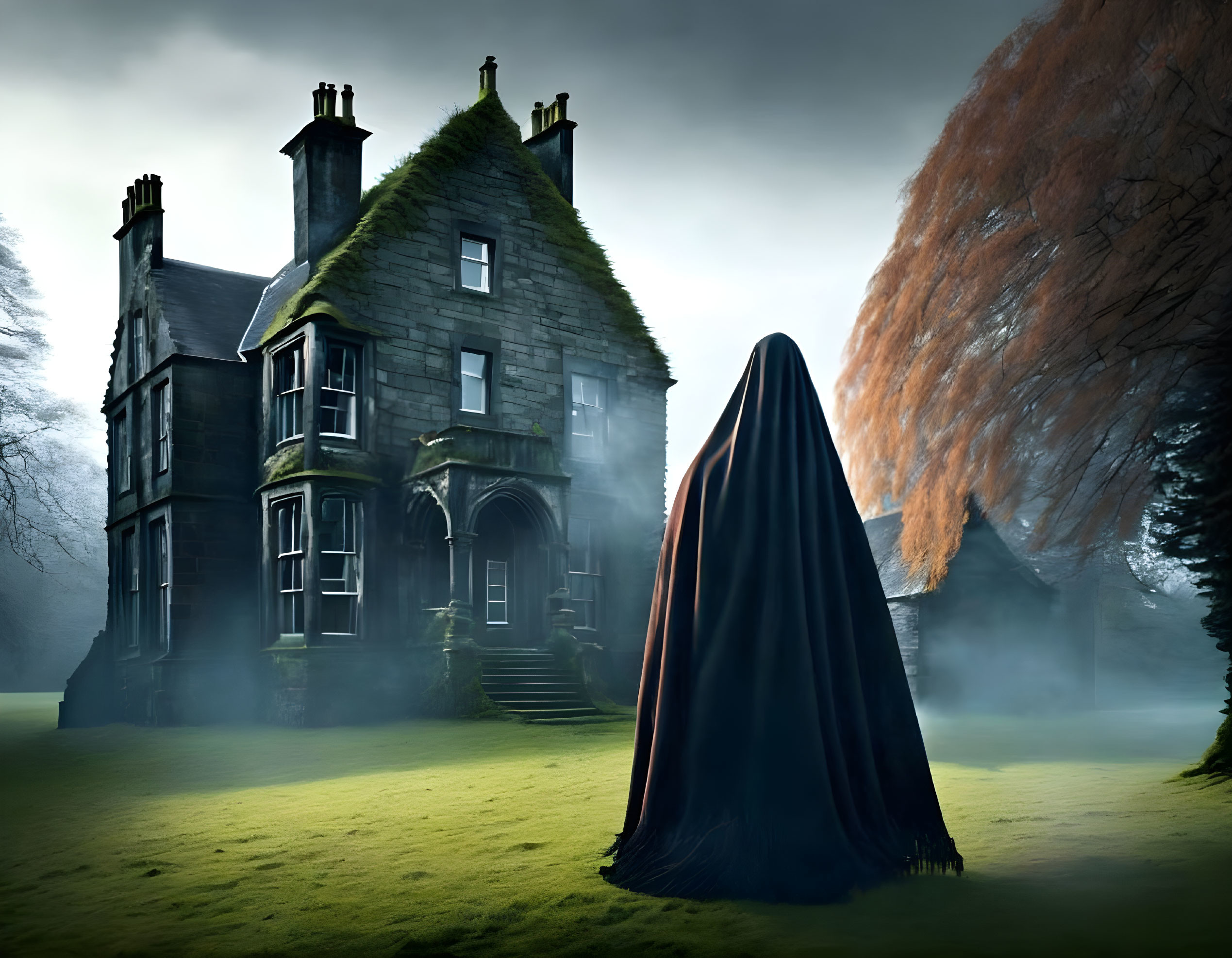 Shrouded figure at misty old mansion with ominous trees