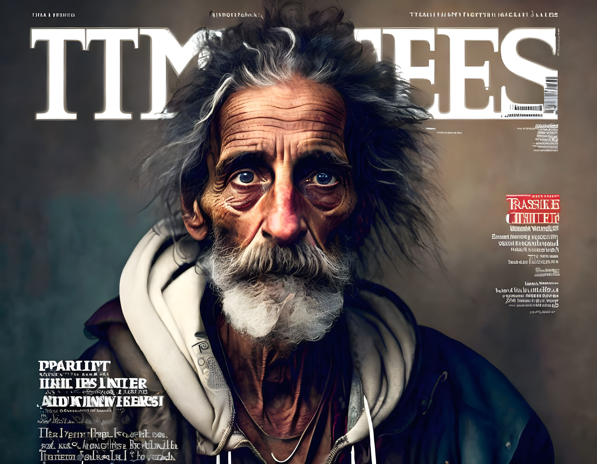 Elderly man with wrinkles and piercing blue eyes on magazine cover