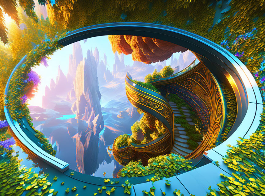 Surreal landscape with circular portal, fantastical rock formations, lush foliage