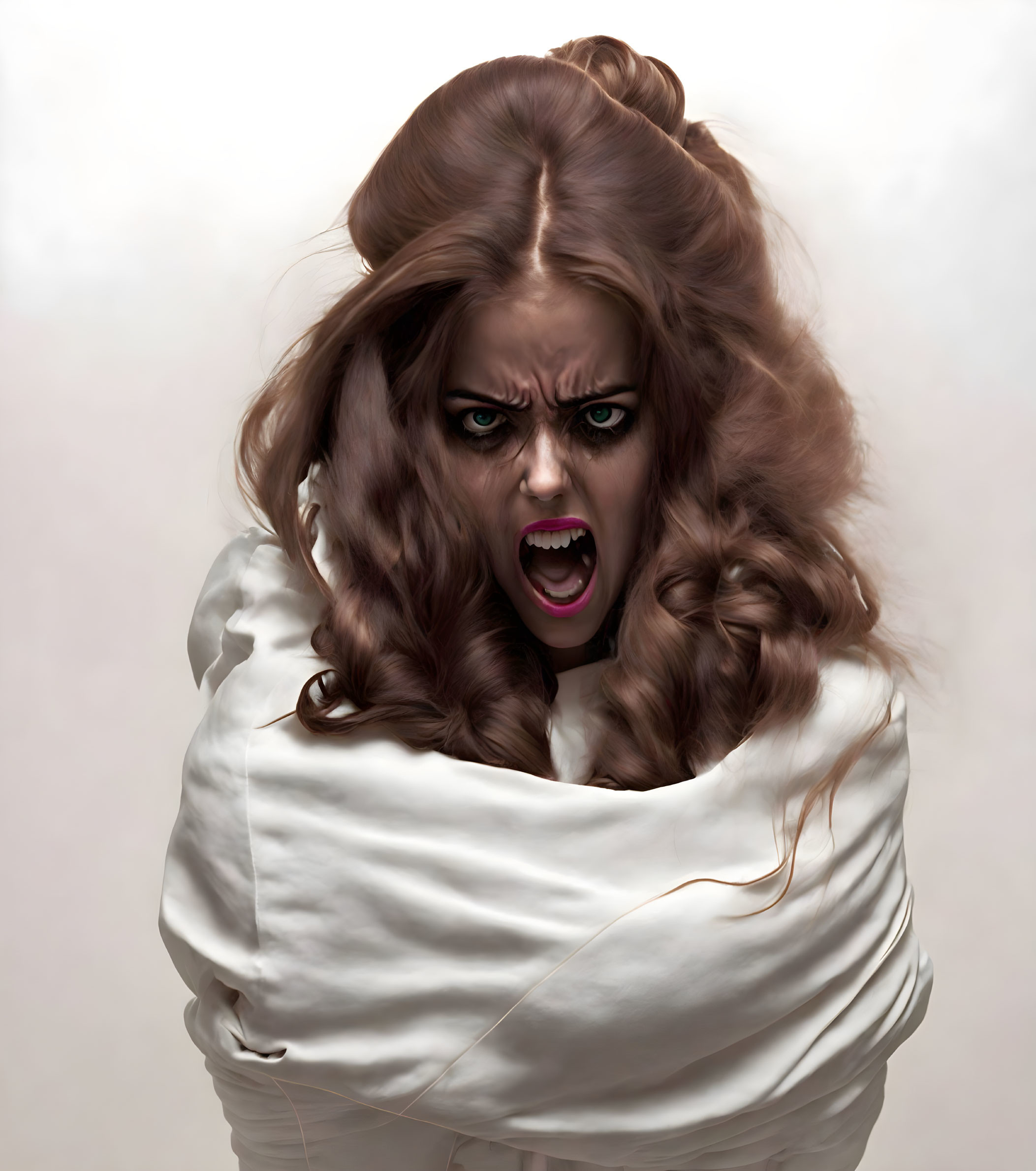 Terrified woman with brown hair in white straitjacket