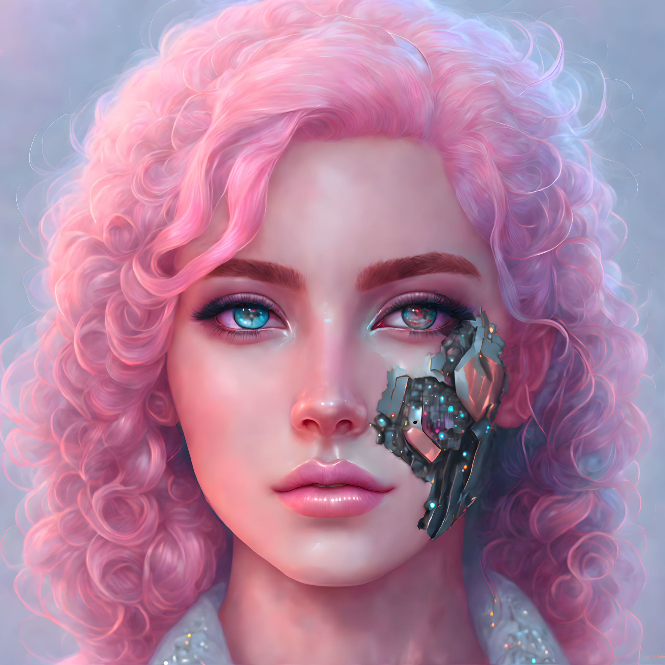 Digital portrait of woman with pink curly hair and blue eyes with robotic hand