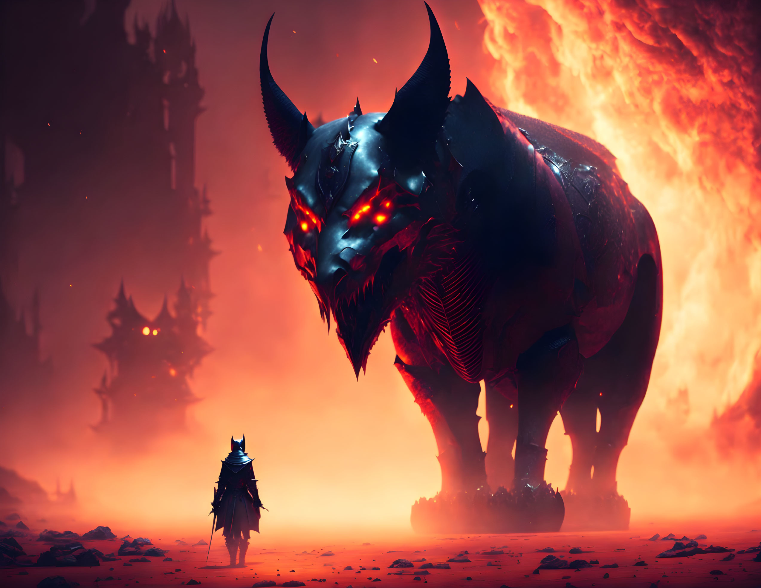 Lone figure confronts glowing-eyed beast in red-tinted landscape