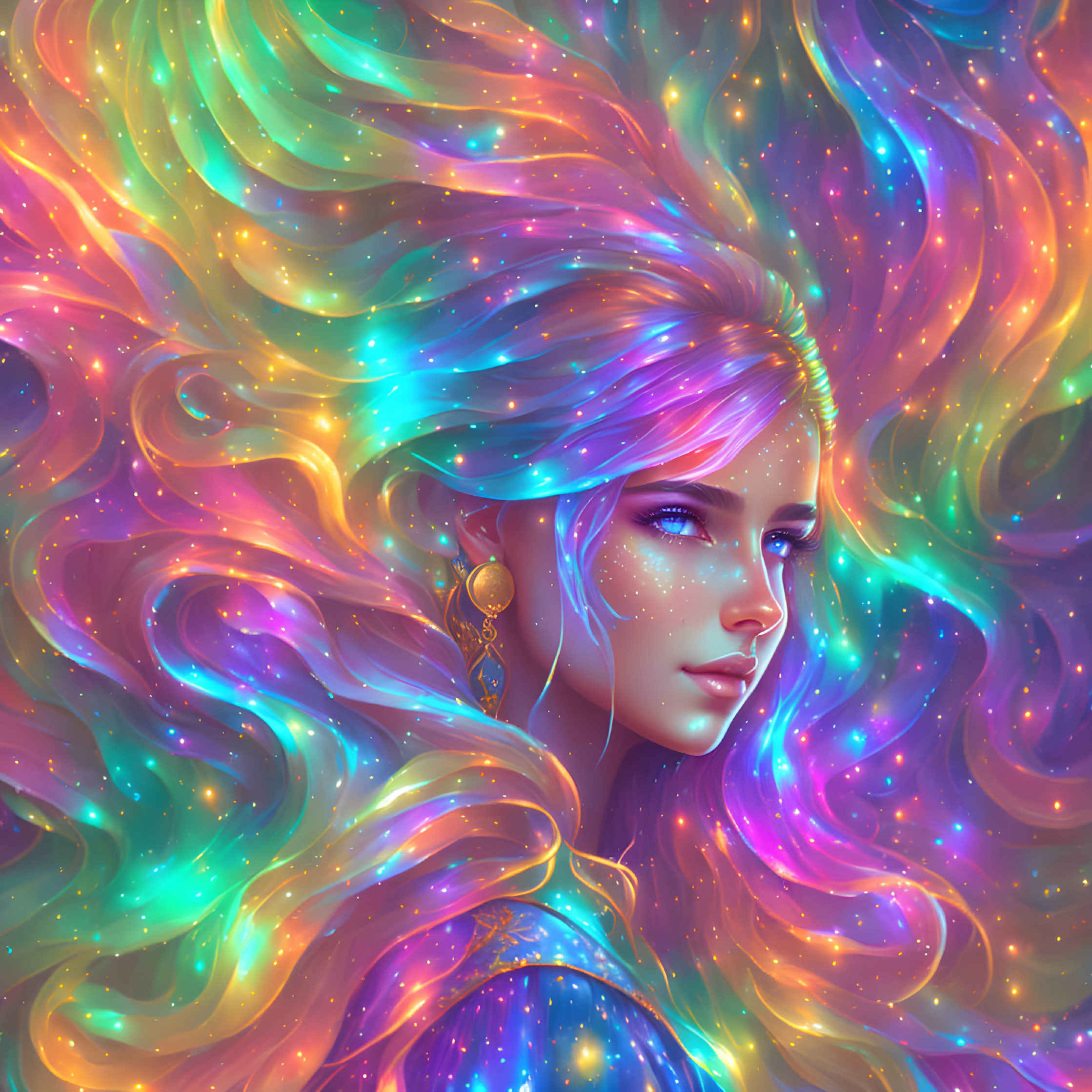 Colorful Woman with Cosmic Nebula Hair and Star Sparkles